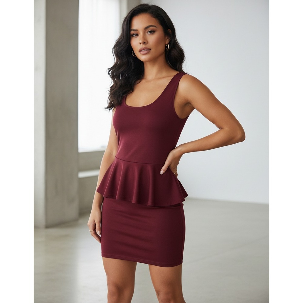 Ambiance‎ Apparel L Mini Dress Burgundy Peplum Bodycon Knit Whimsigoth Cocktail